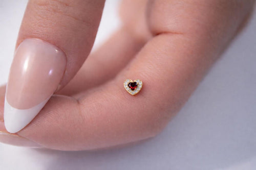 Dainty Crimson Heart CZ Flat Back Earring, Implant Grade Titanium Stud