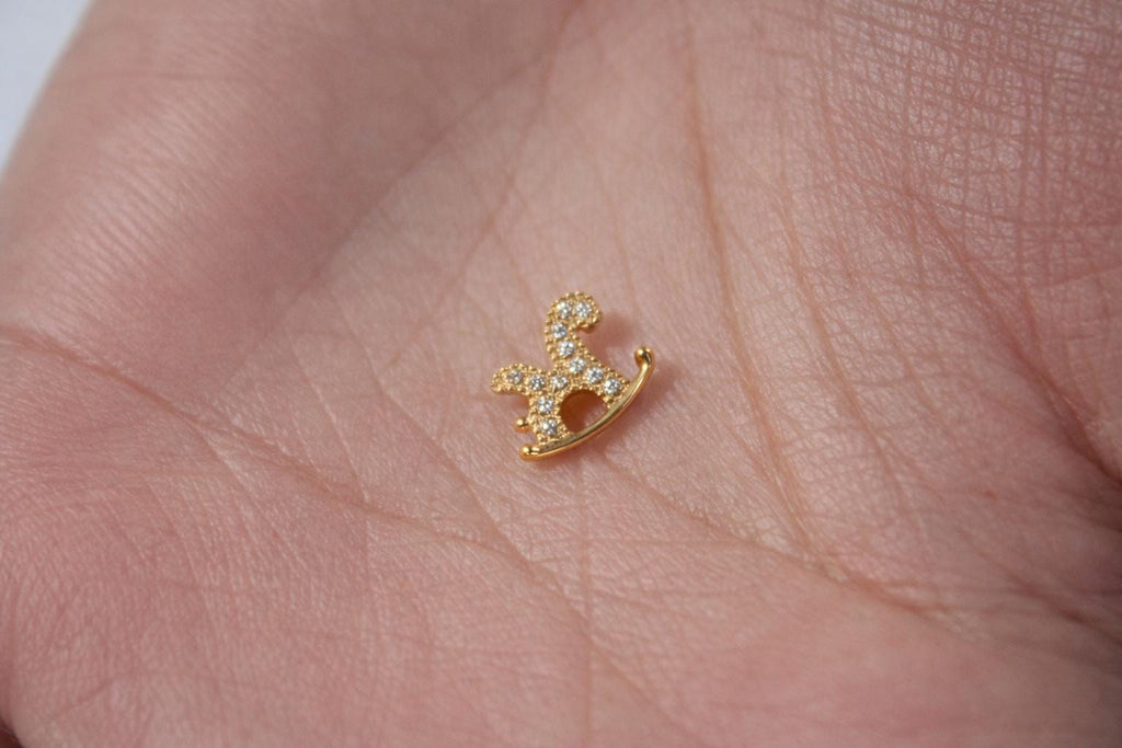 Titanium Gold CZ Rocking Horse Stud Earring, Tiny Cartilage Helix Tragus Lobe Jewelry
