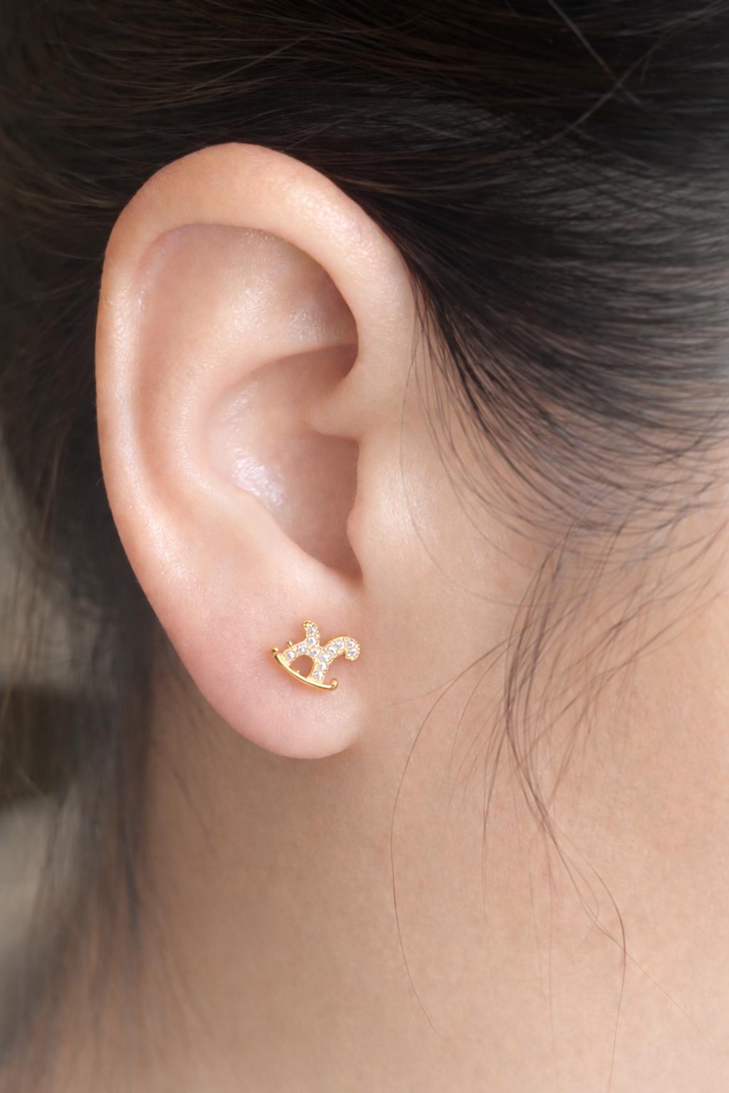 Titanium Gold CZ Rocking Horse Stud Earring, Tiny Cartilage Helix Tragus Lobe Jewelry