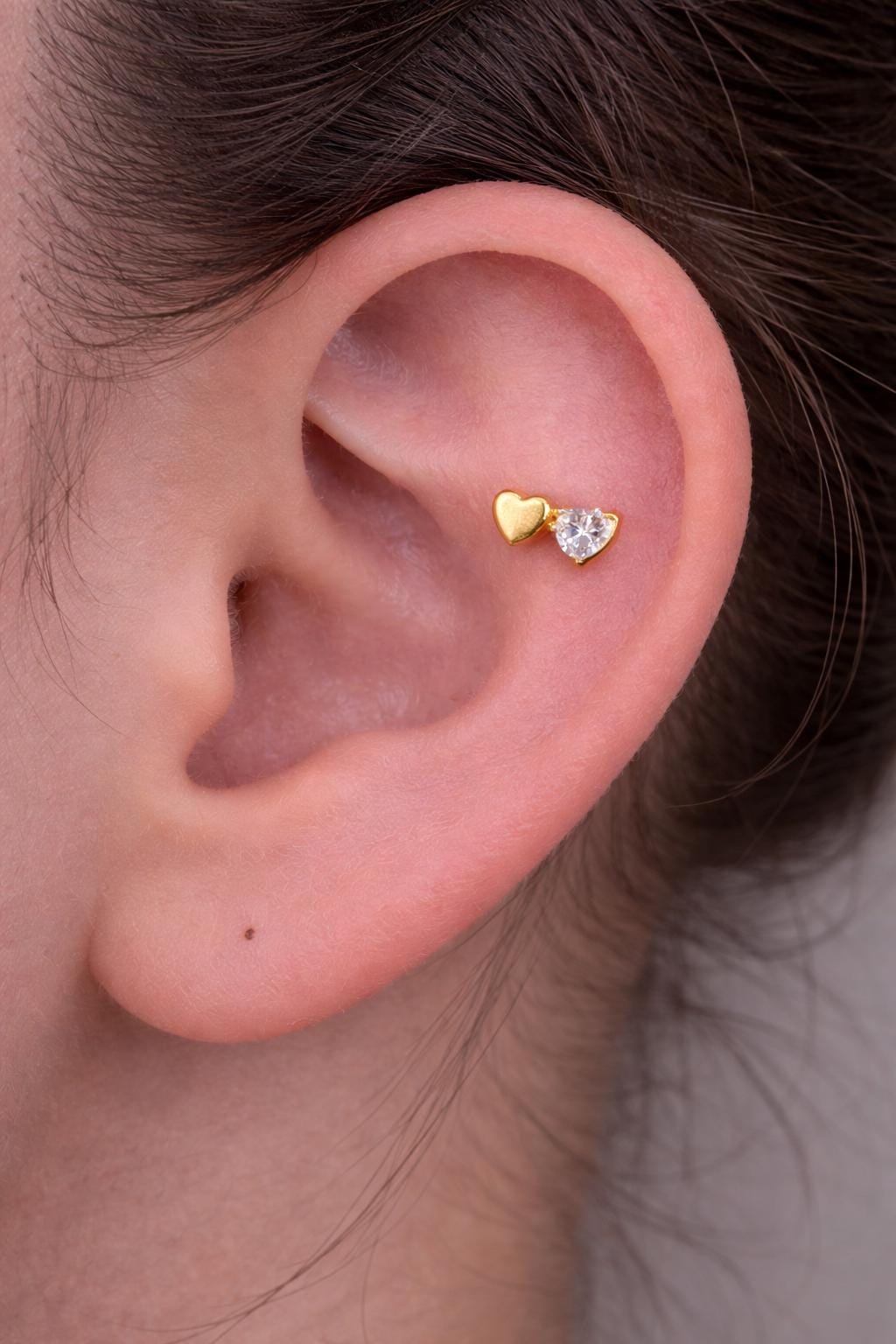 Dainty Double Heart Stud Earring, Gold CZ, Minimal Lobe Piercing Jewelry